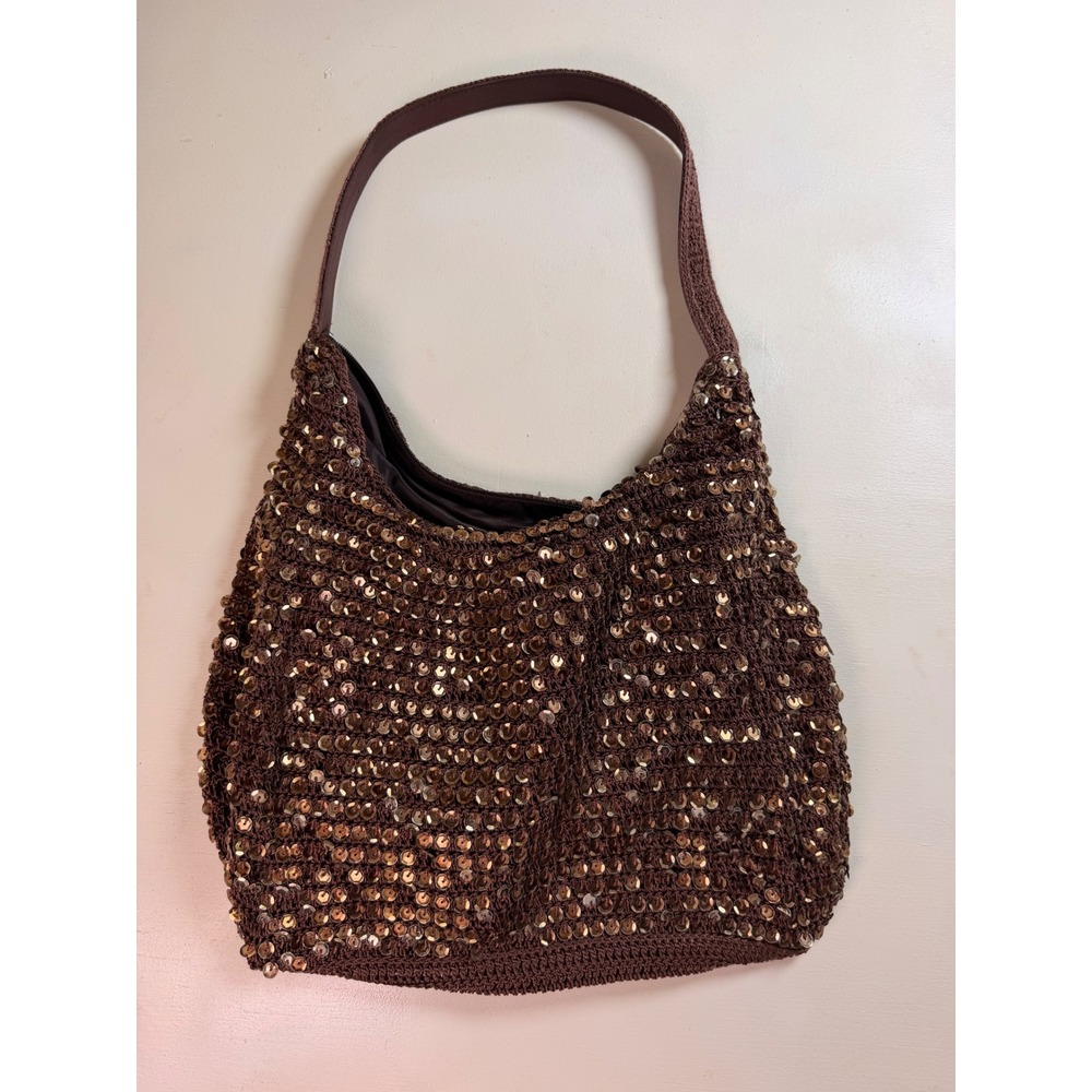 Y2K Sequin Crochet Hobo Bag Women Small Brown Sparkly Knit Zipper